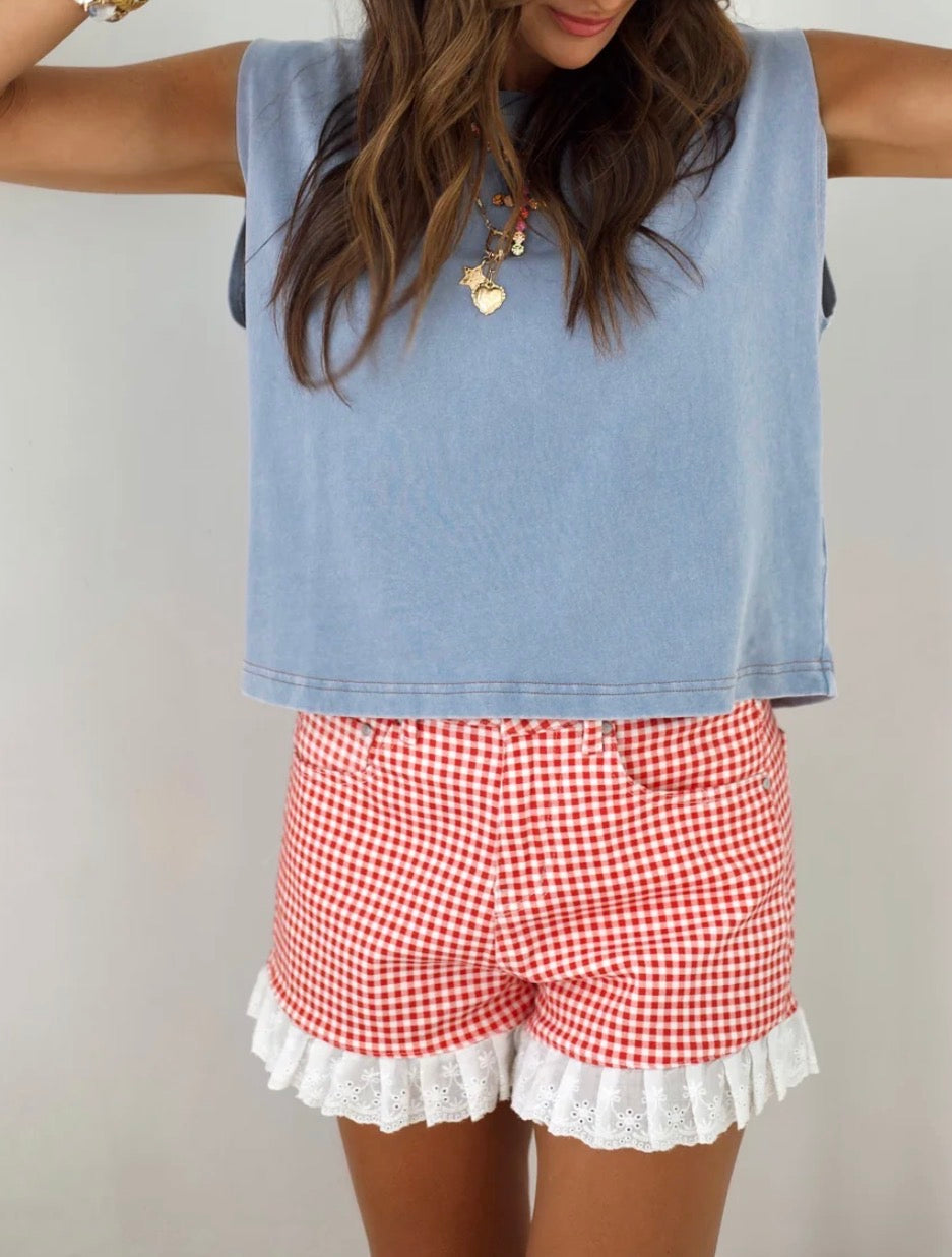 z Red Gingham Denim Ruffle Shorts