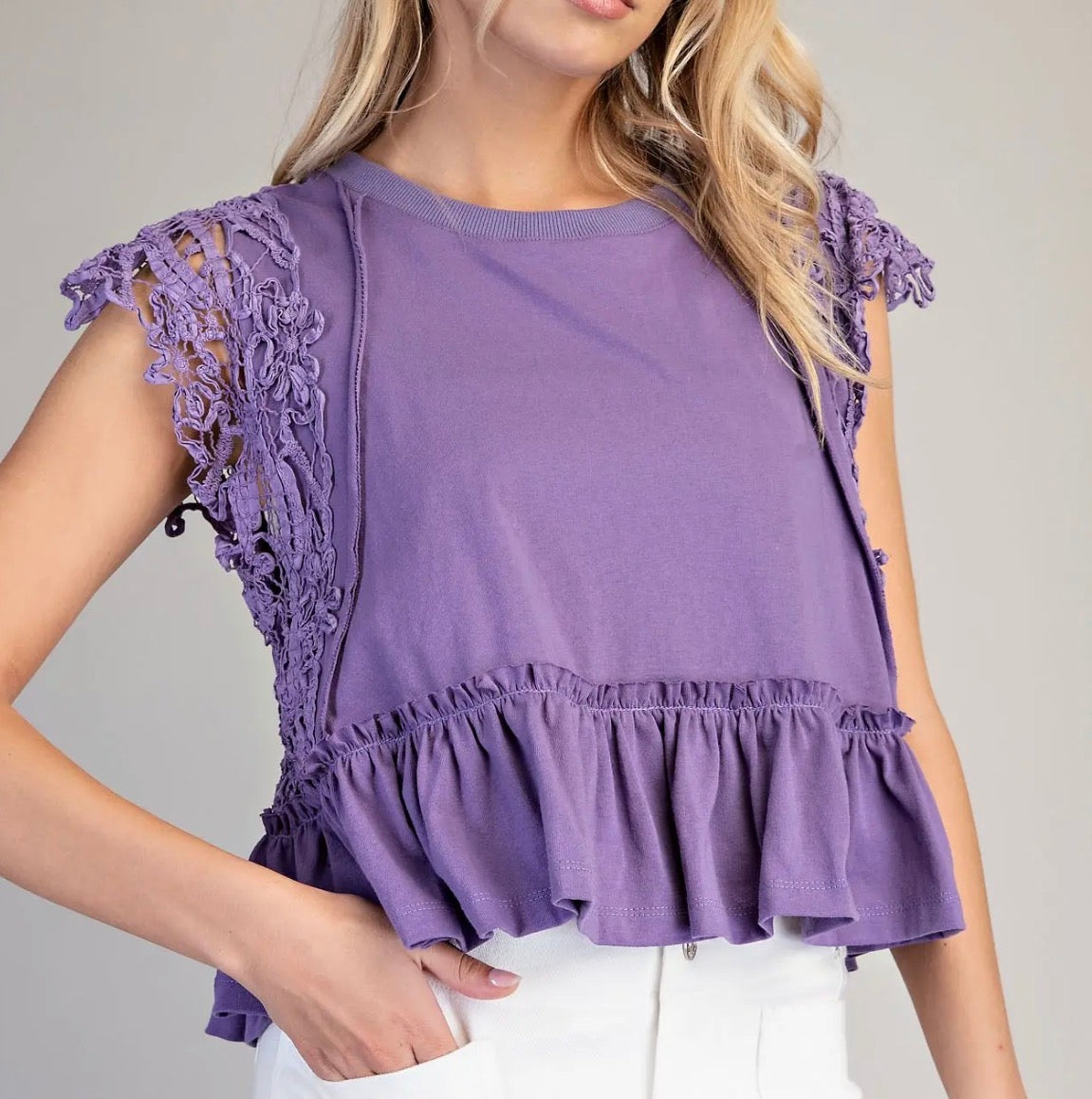 z Side Lace Trim Ruffle Hem Top Plum