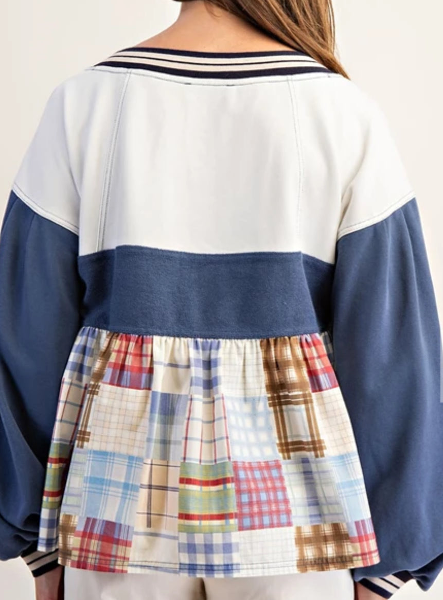 z Mix Plaid Poplin Balloon Sleeve Top