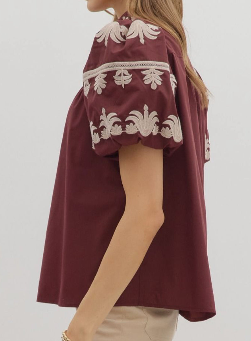 z V-Neck Embroidered Bubble Sleeve Top
