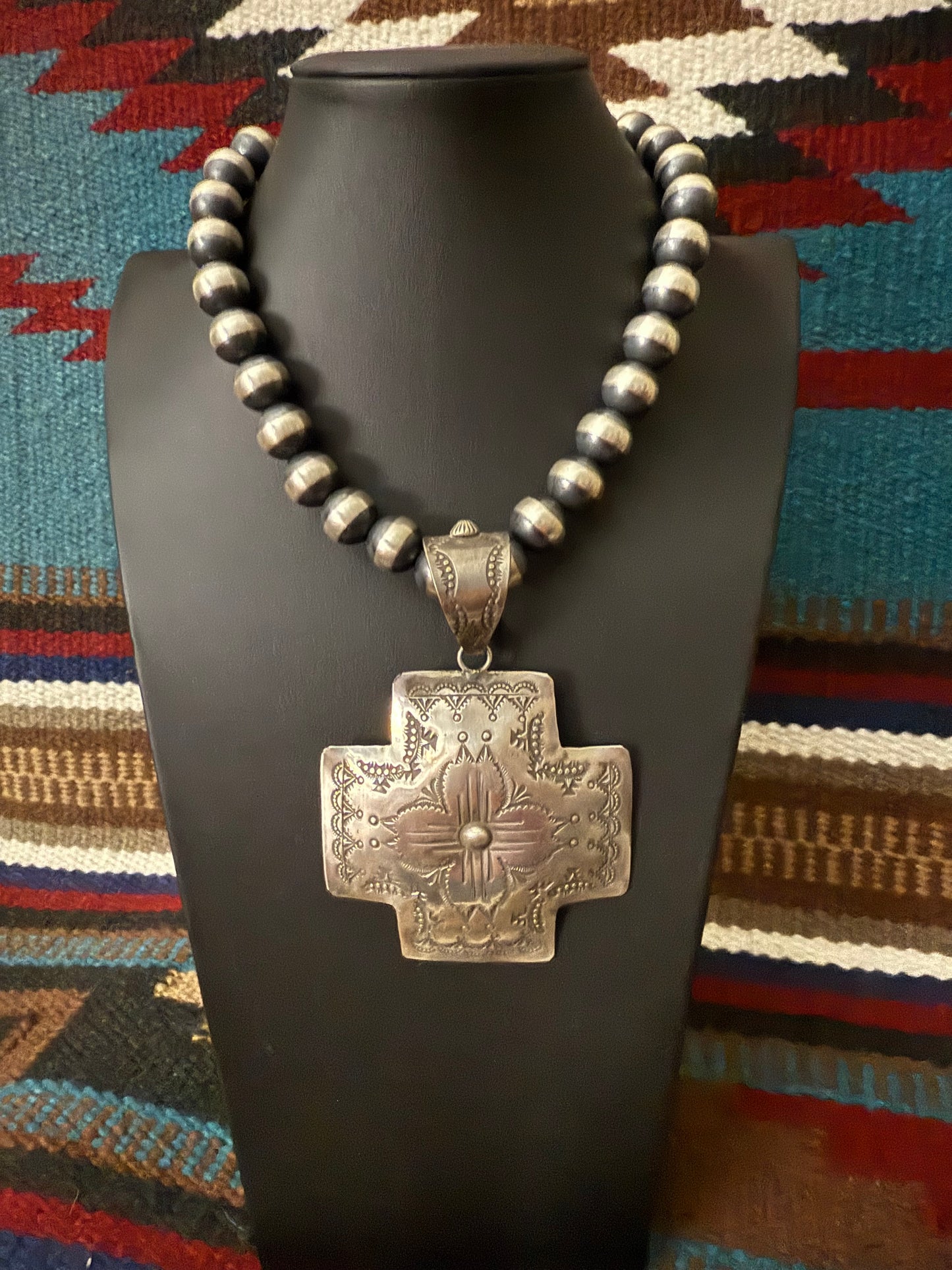 Sterling Silver Handmade Navajo Stamped Cross Pendant By Vincent J Platero