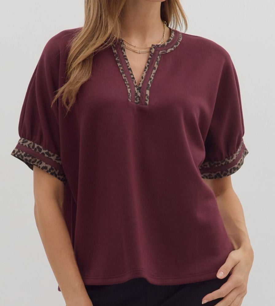 z A Touch of Leopard Top Burgundy