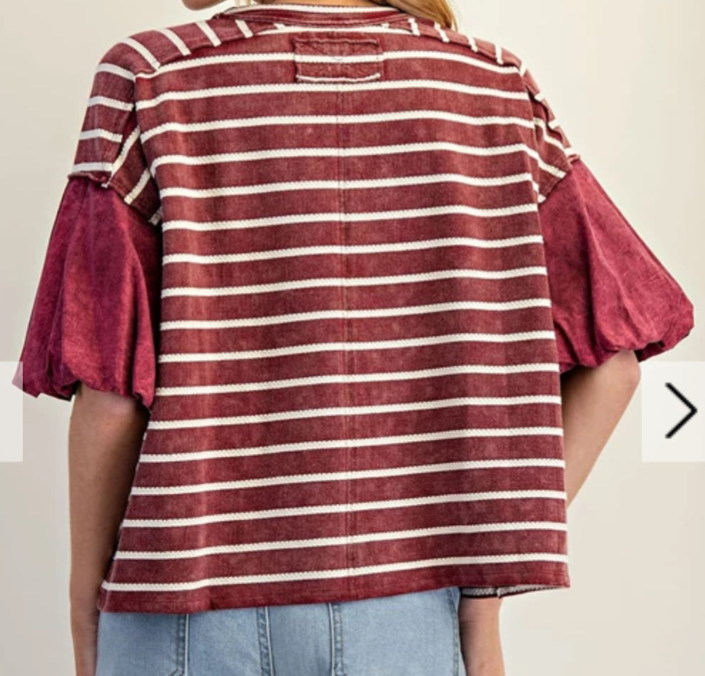 z Striped Puff Sleeve Round Neck Top