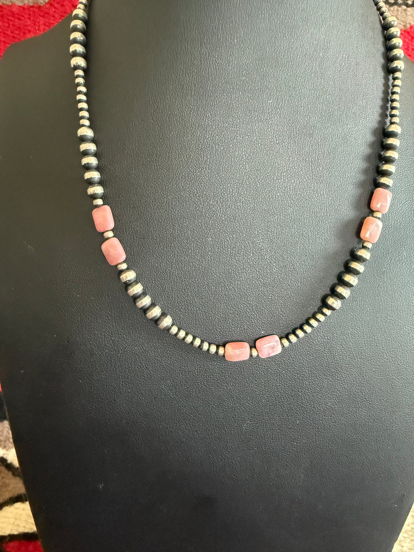 Sterling Silver Navajo Pearl Necklace with Pink Peruvian Opal Accents
