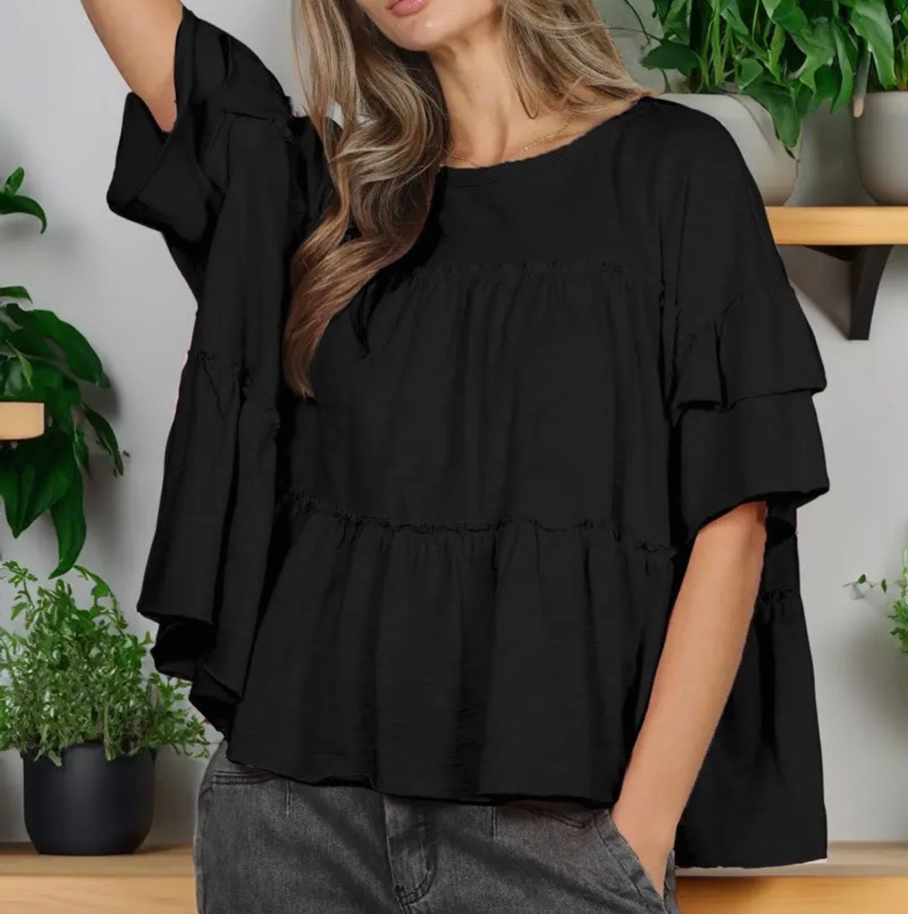 z Ruffle Tiered Crew Neck Top Black