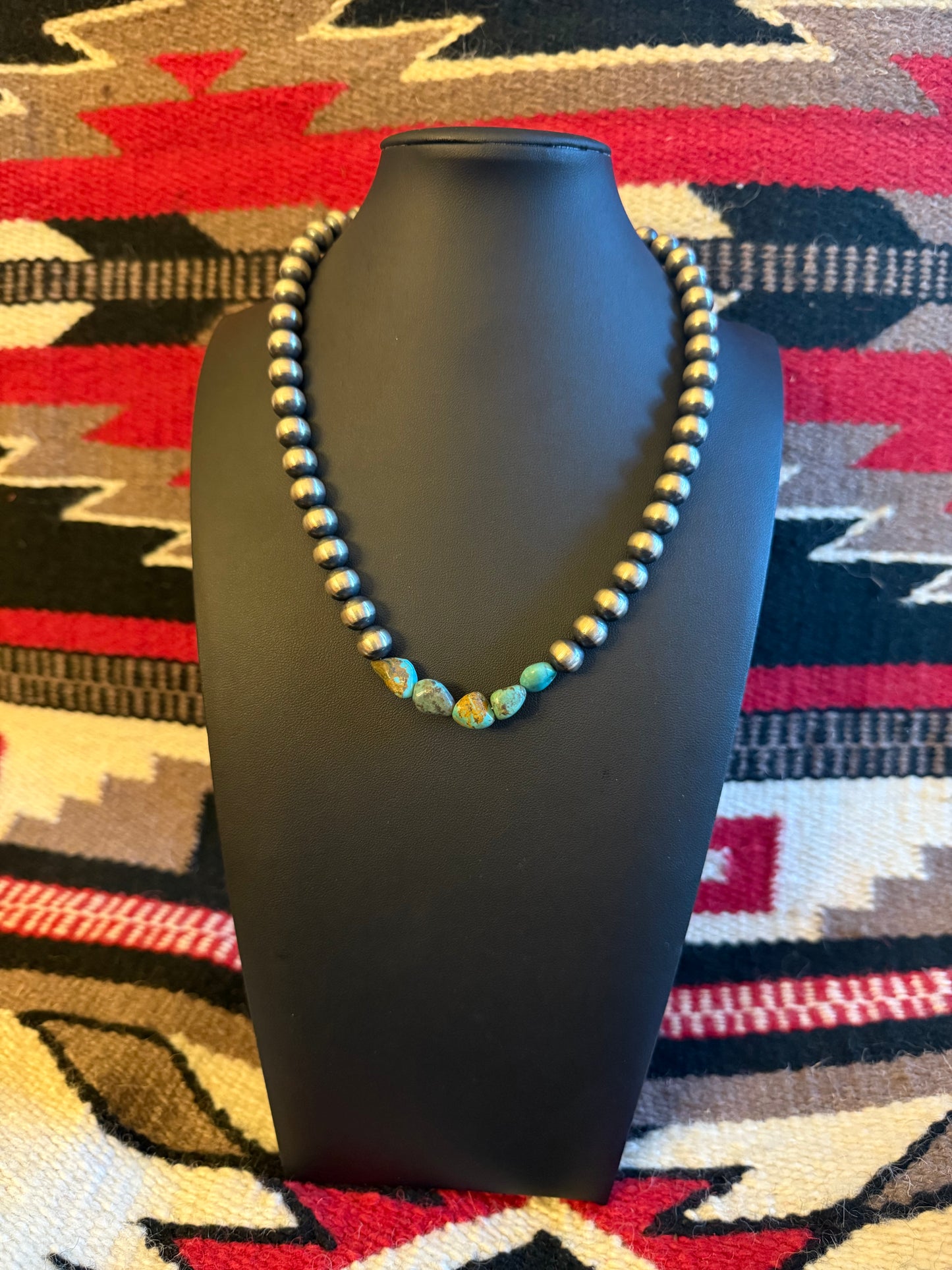10mm Sterling Silver Navajo Pearl Necklace with Turquoise Nuggets 20" Long