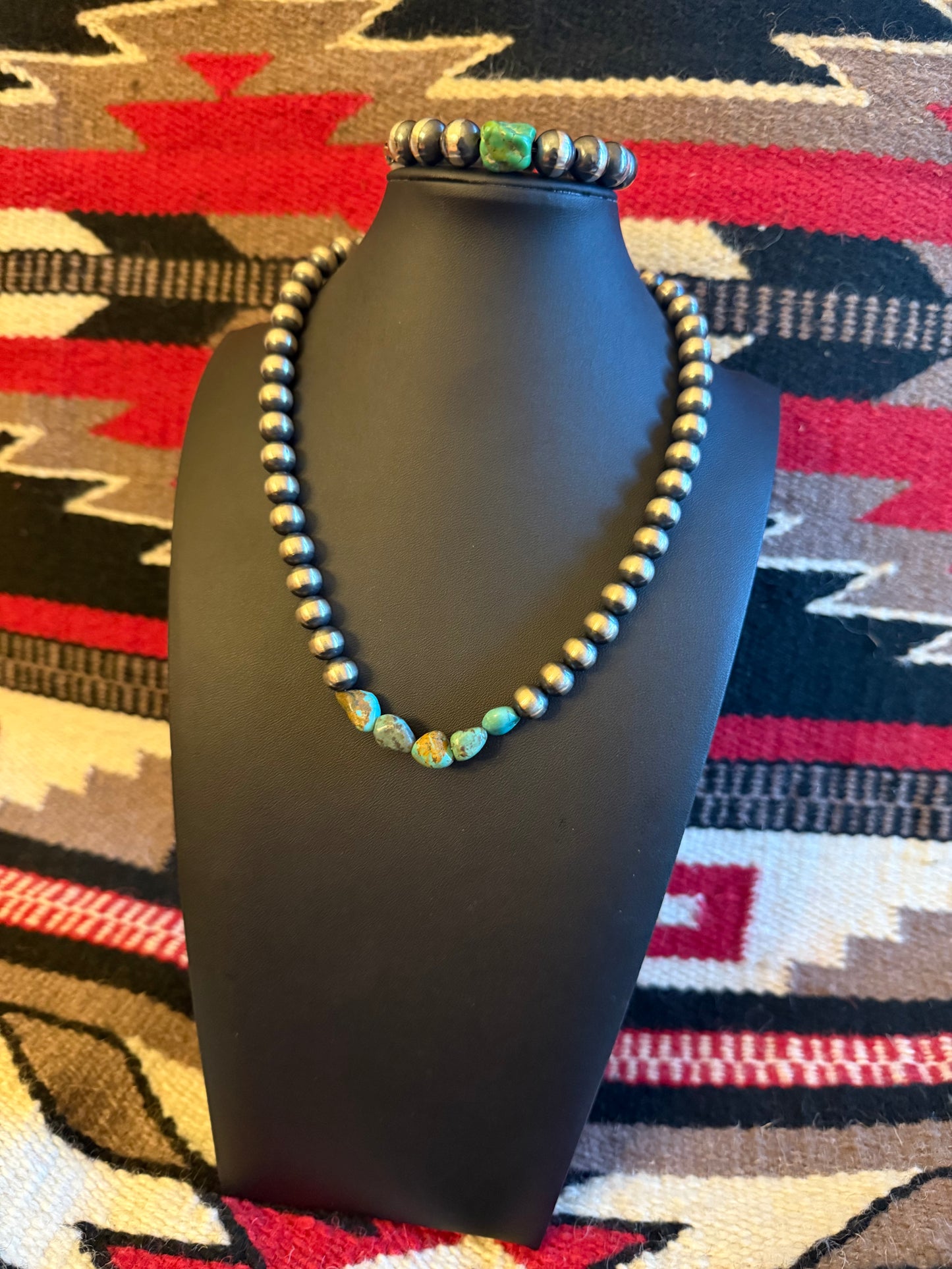 10mm Sterling Silver Navajo Pearl Necklace with Turquoise Nuggets 20" Long