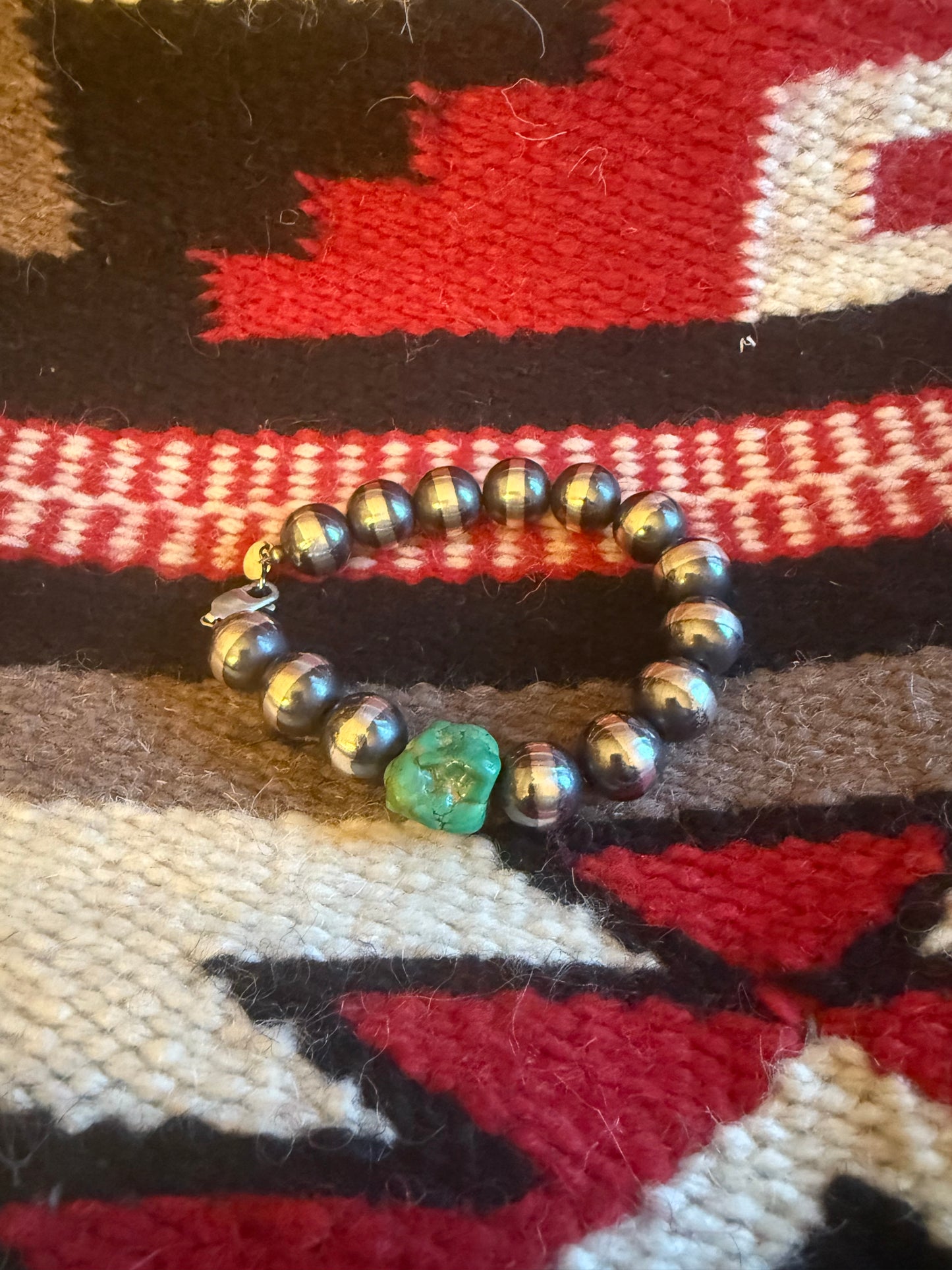 12mm Sterling Silver Navajo Pearl Toggle Bracelet with a Turquoise Nugget