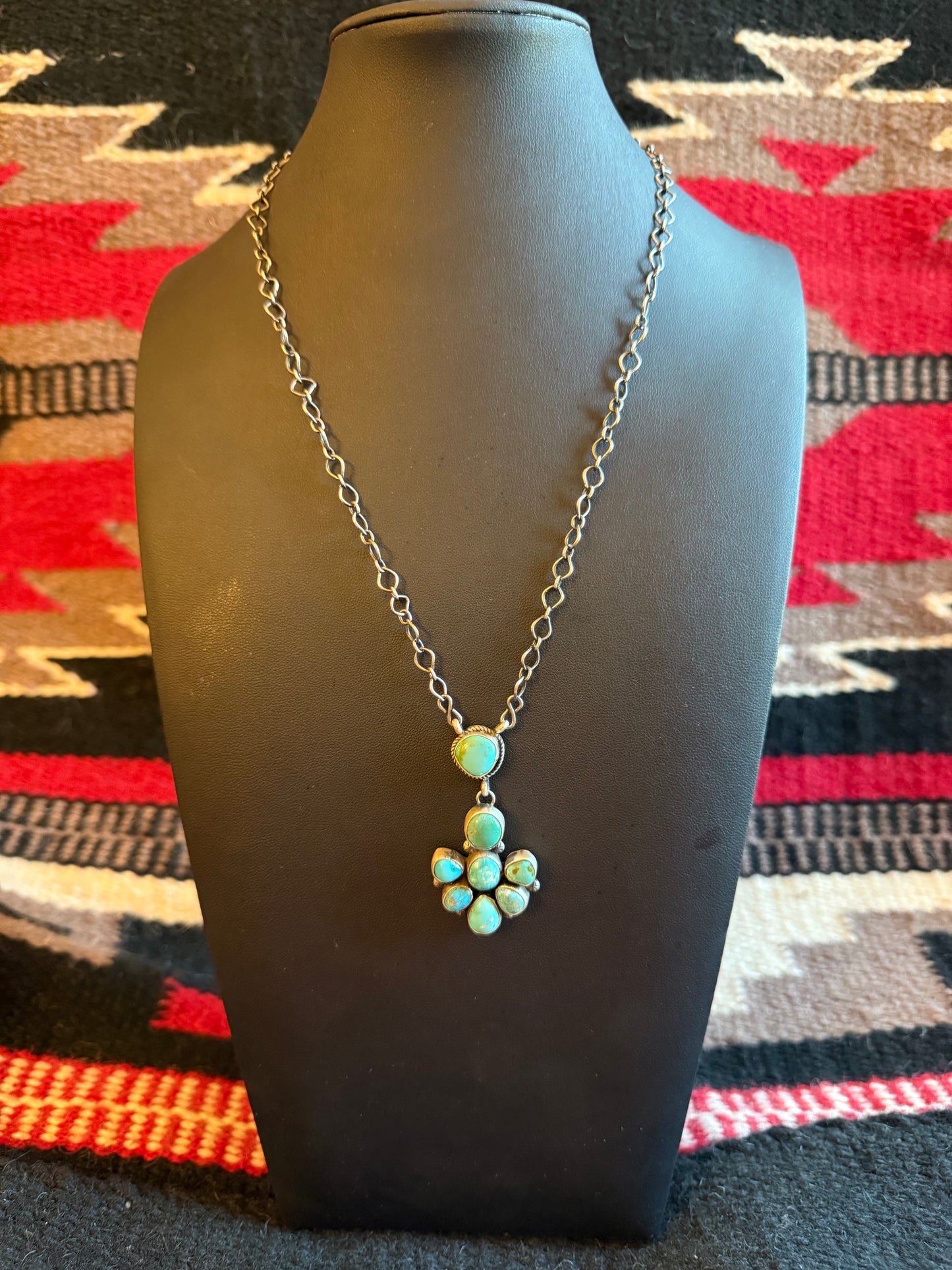 Sterling Silver Kingman Turquoise Cluster Pendant Necklace on a Link Chain 20" Long