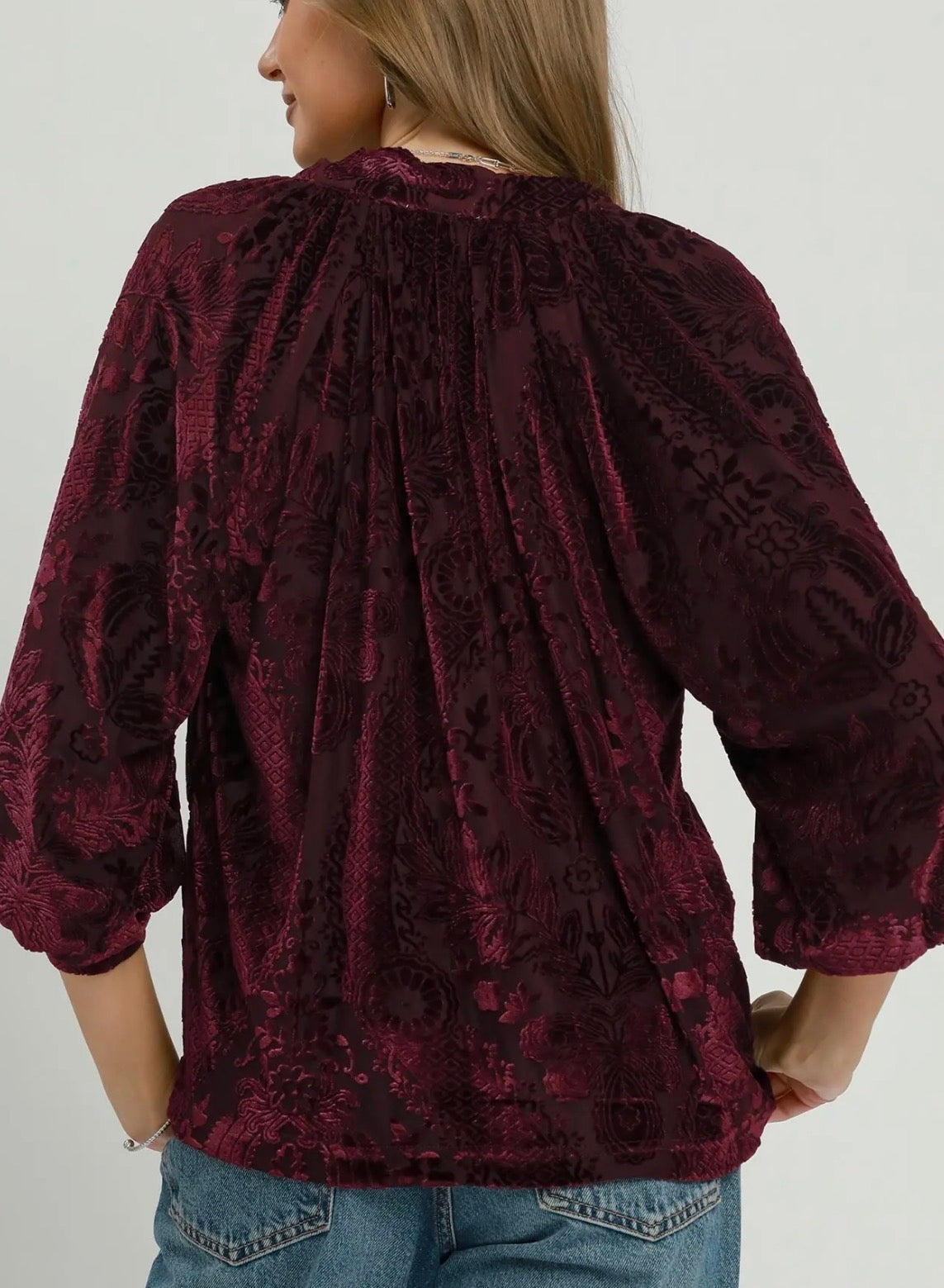 z Damask Print Velvet Split Neck Merlot Top