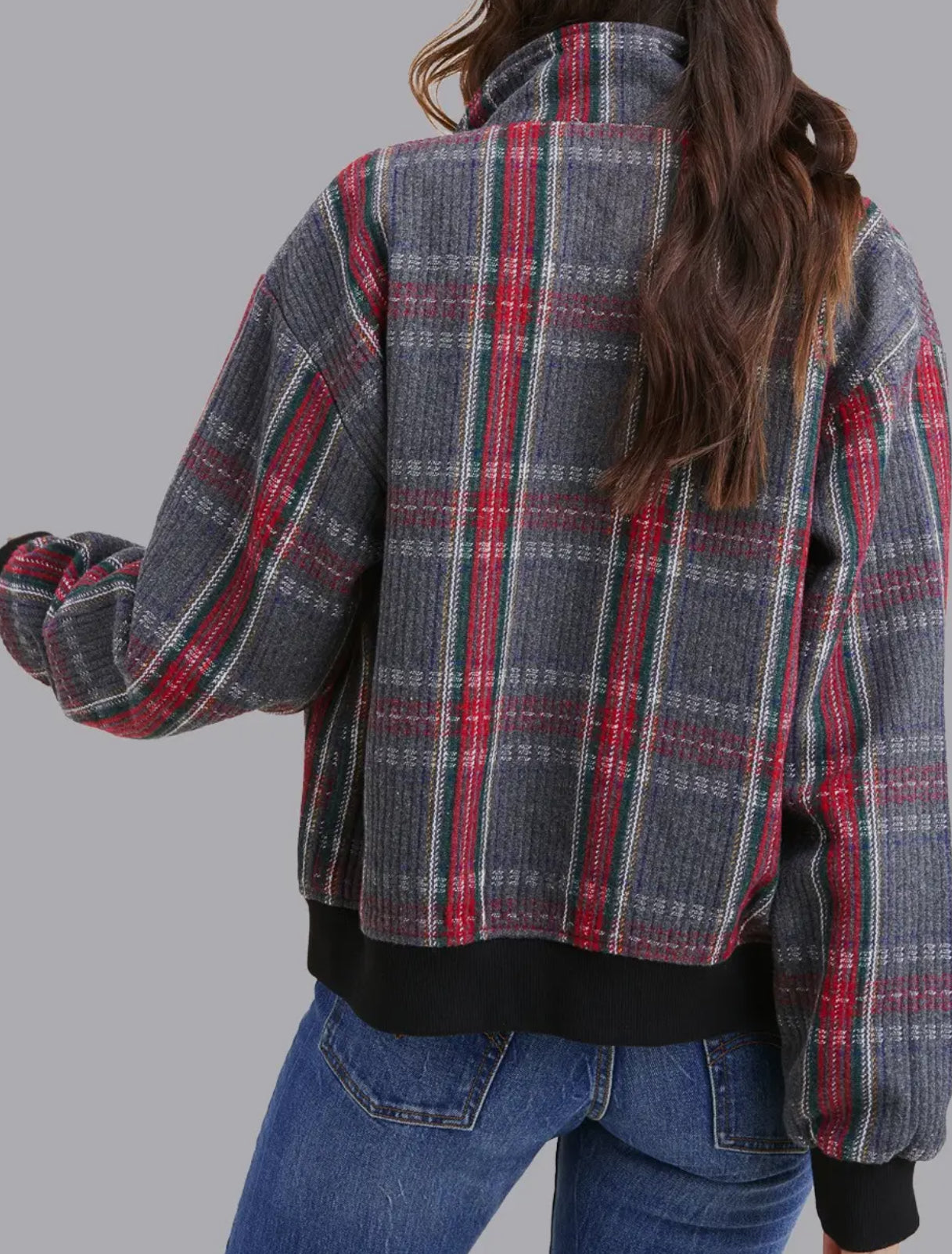 z Relaxed Fit Checkered Bomber Button Down Jacket