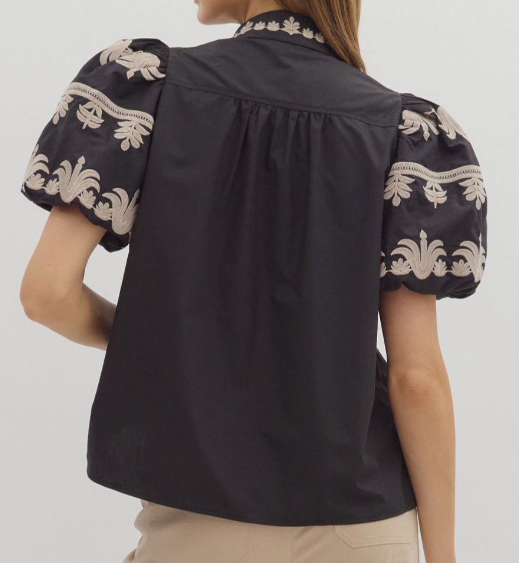 z V-Neck Embroidered Bubble Sleeve Top