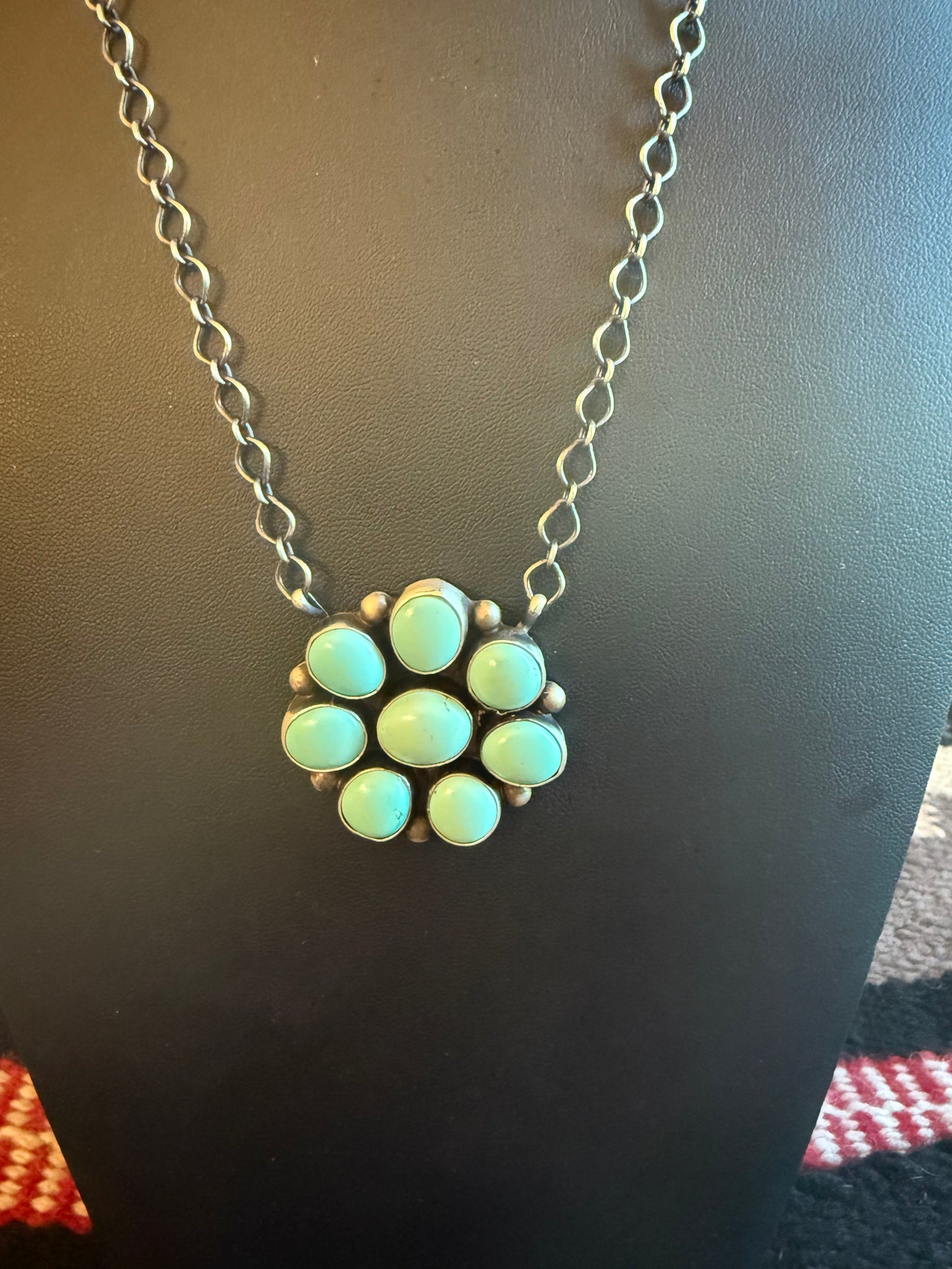 Sterling Silver Link Chain Necklace with a SS Turquoise 8 Cluster Stone Pendant 20" Long