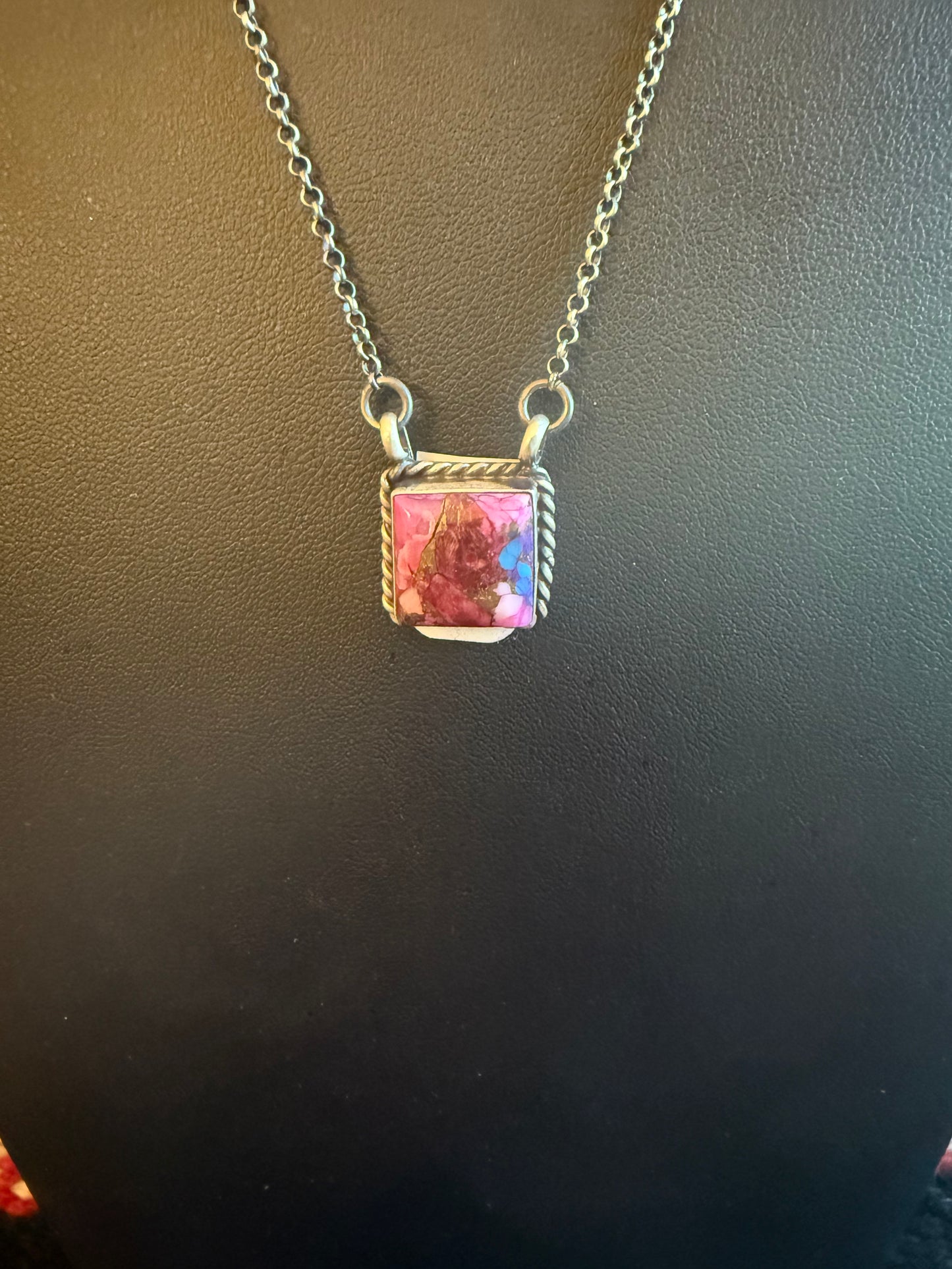 Sterling Silver Chain Necklace with a Square Pink Dahlia Stone Pendant 20" Long