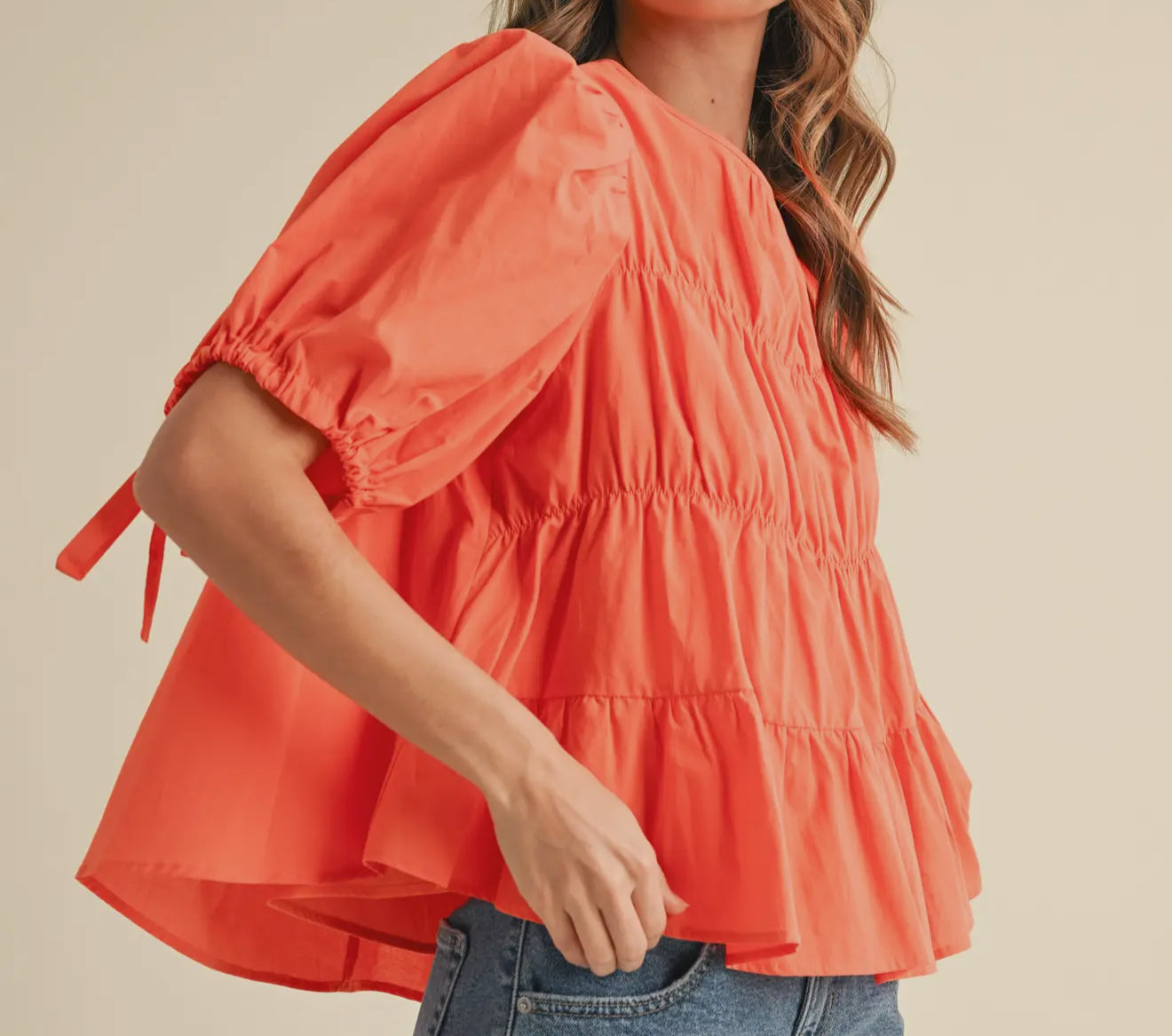 z Tiered Shirring Puff Sleeve Top Orange