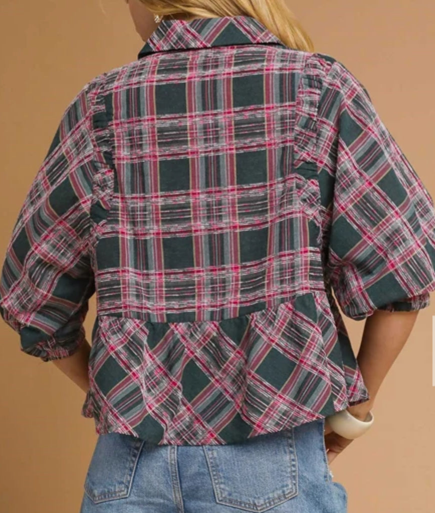 z Plaid Peplum Top 3/4 Sleeves