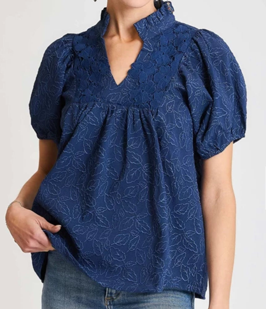 z Floral Jacquard High Neckline Top with Lace Contrast Detail