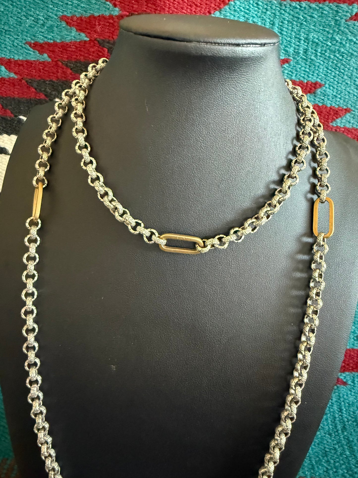 v2 V21 Silver and Gold Plated Long Necklace with Detailed Links