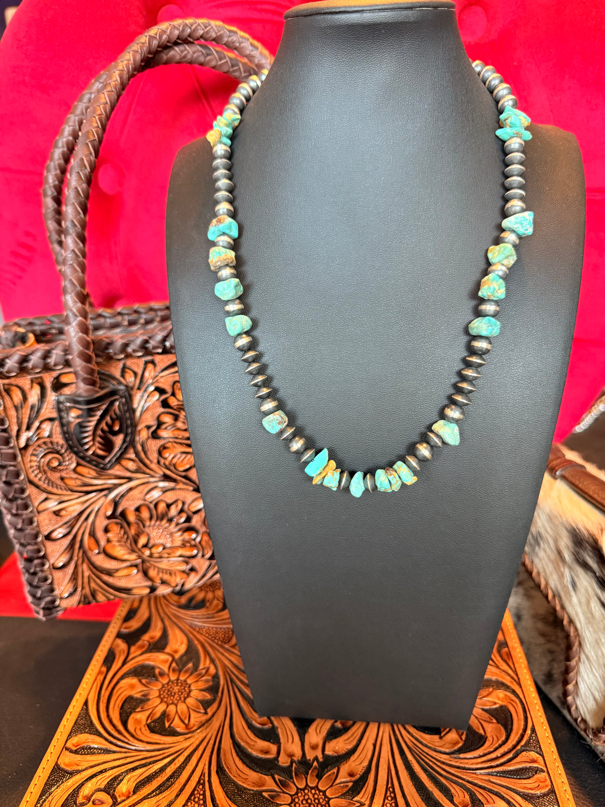 Handmade Sterling Silver and Kingman Turquoise Nugget Necklace 20" Long