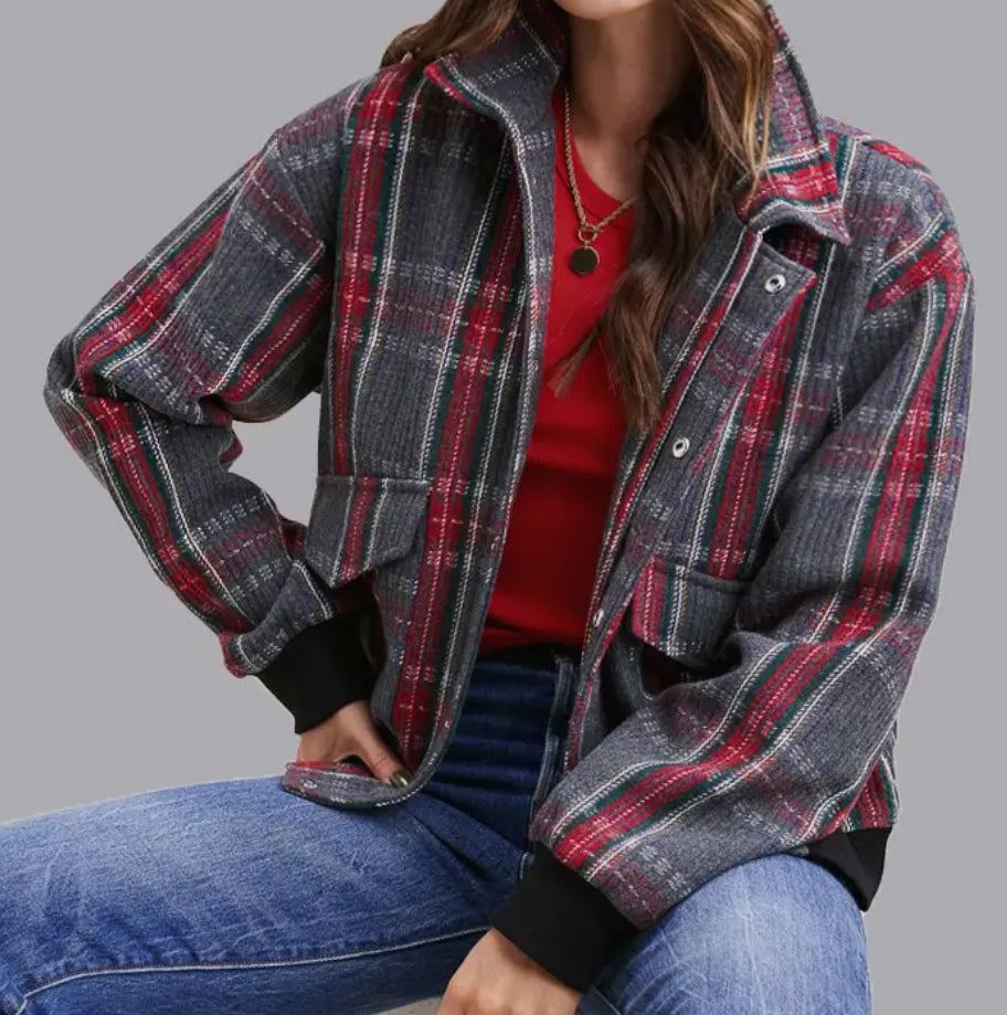 z Relaxed Fit Checkered Bomber Button Down Jacket