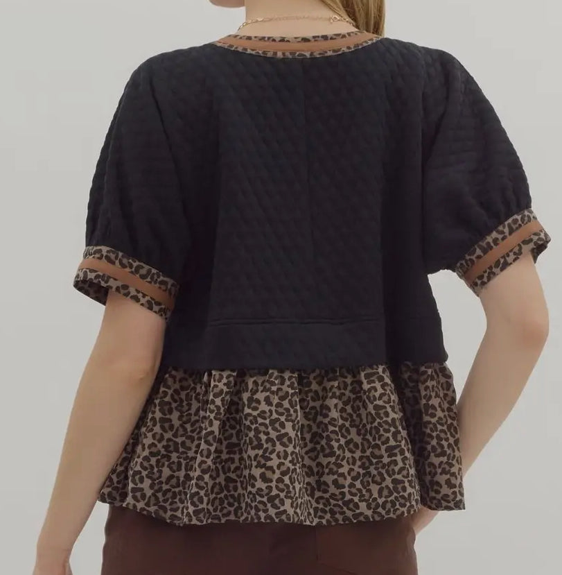 z Leopard Textured Puff Sleeve Top
