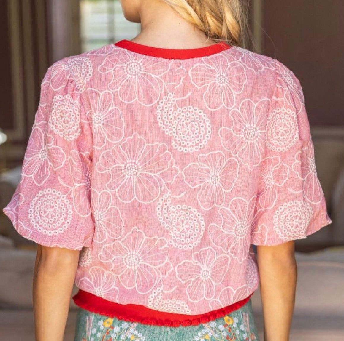 z Contrast Ribbed Knit Floral Embroidered Top