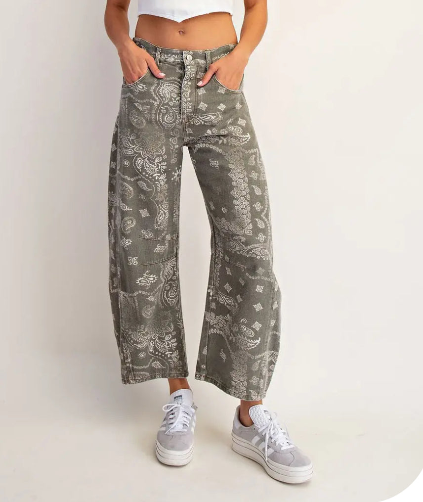 z Mineral Washed Paisley Printed Barrel Jeans
