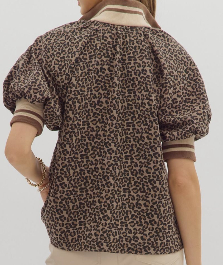 z Leopard Puff Sleeve Half-Zip Top