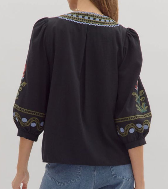 z Floral Embroidered 3/4 Sleeve Top