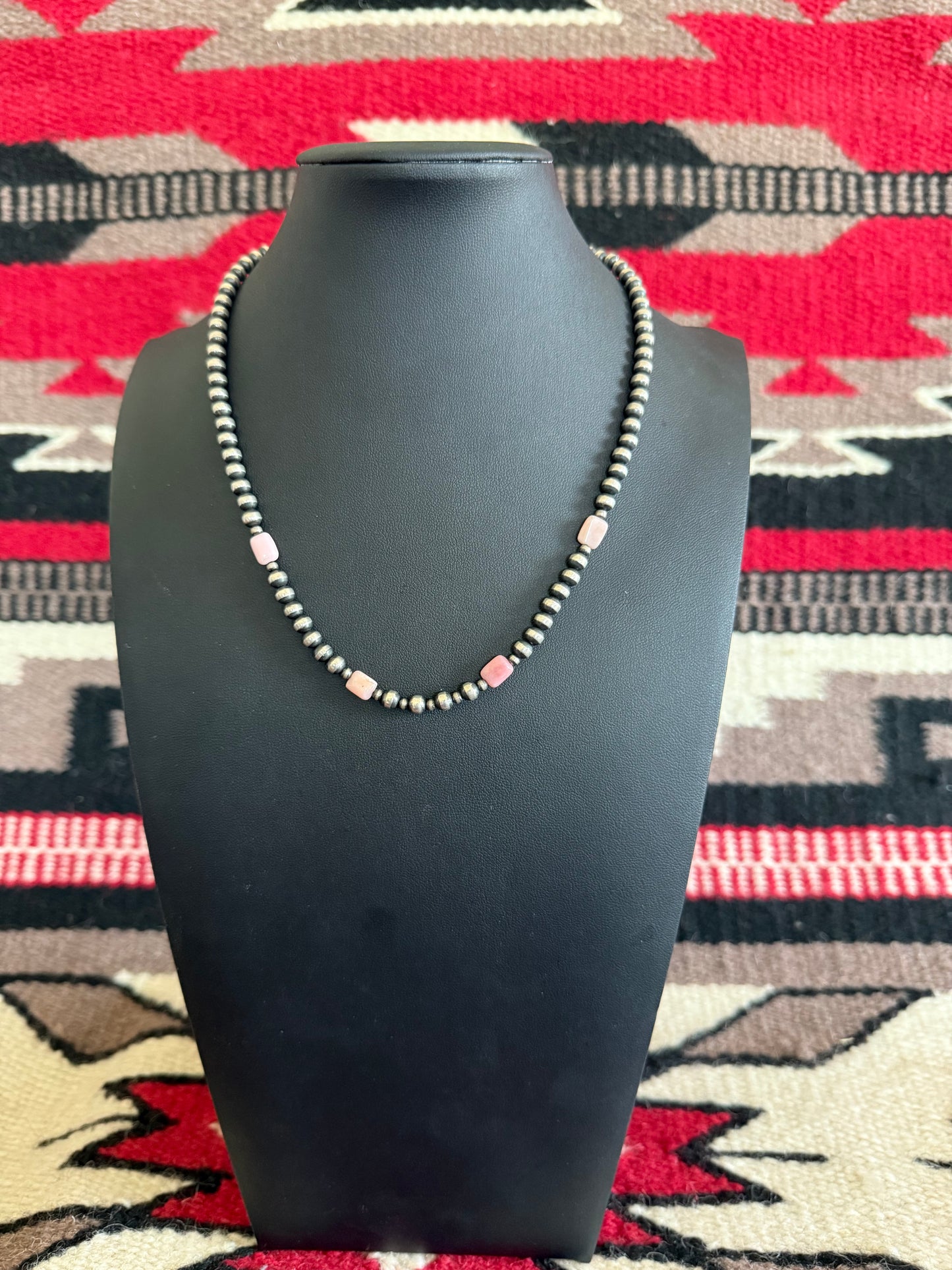 Sterling Silver Navajo Pearl Necklace with Pink Peruvian Opal Accents