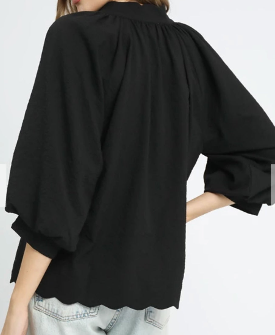 z Split V Neck Top with Balloon Sleeves