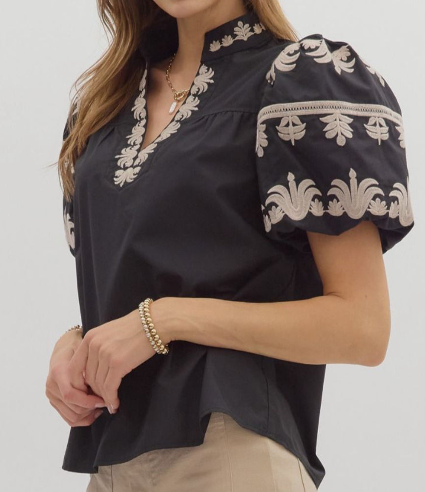 z V-Neck Embroidered Bubble Sleeve Top