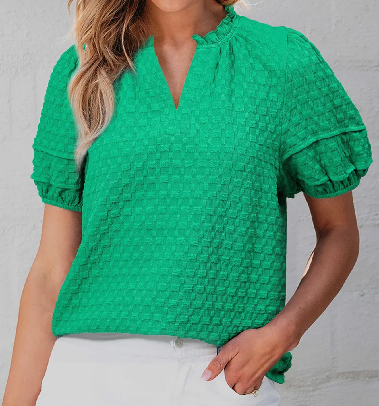 z Textured Puff Short Sleeve Notched V-Neck Top