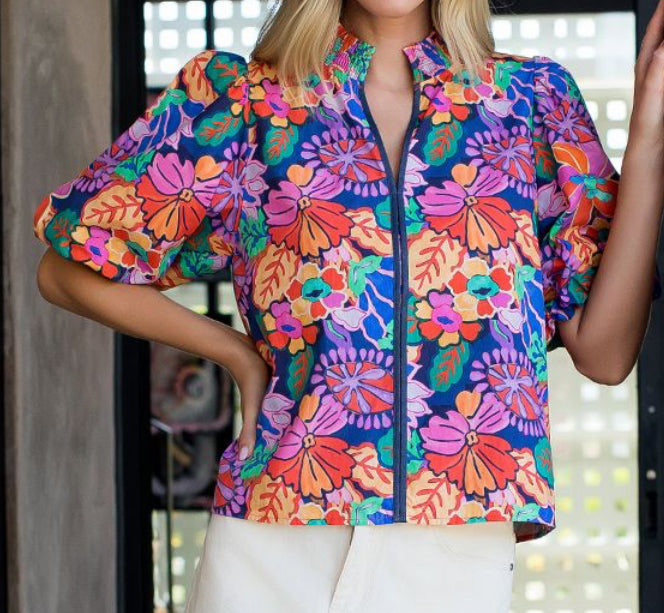 z Smocked Neck Puff Sleeve Floral Top