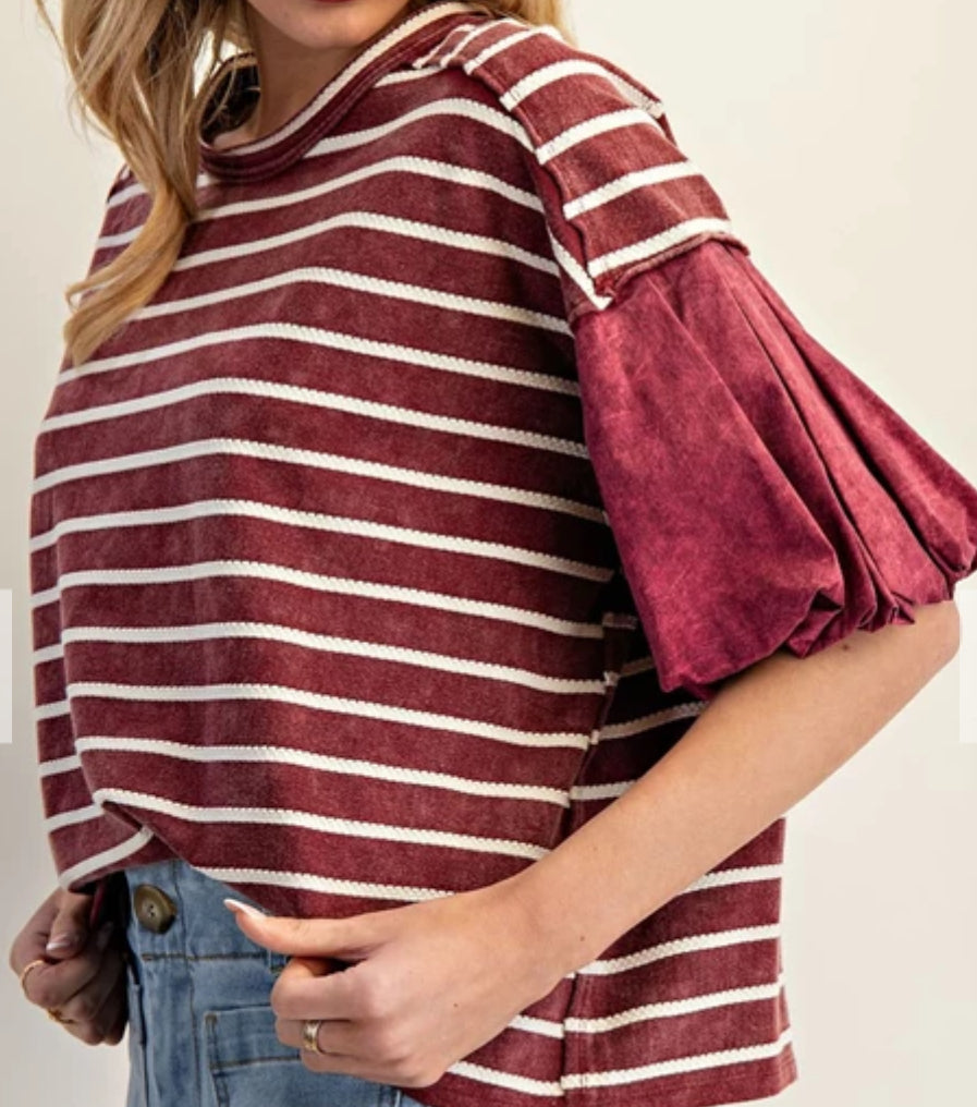 z Striped Puff Sleeve Round Neck Top
