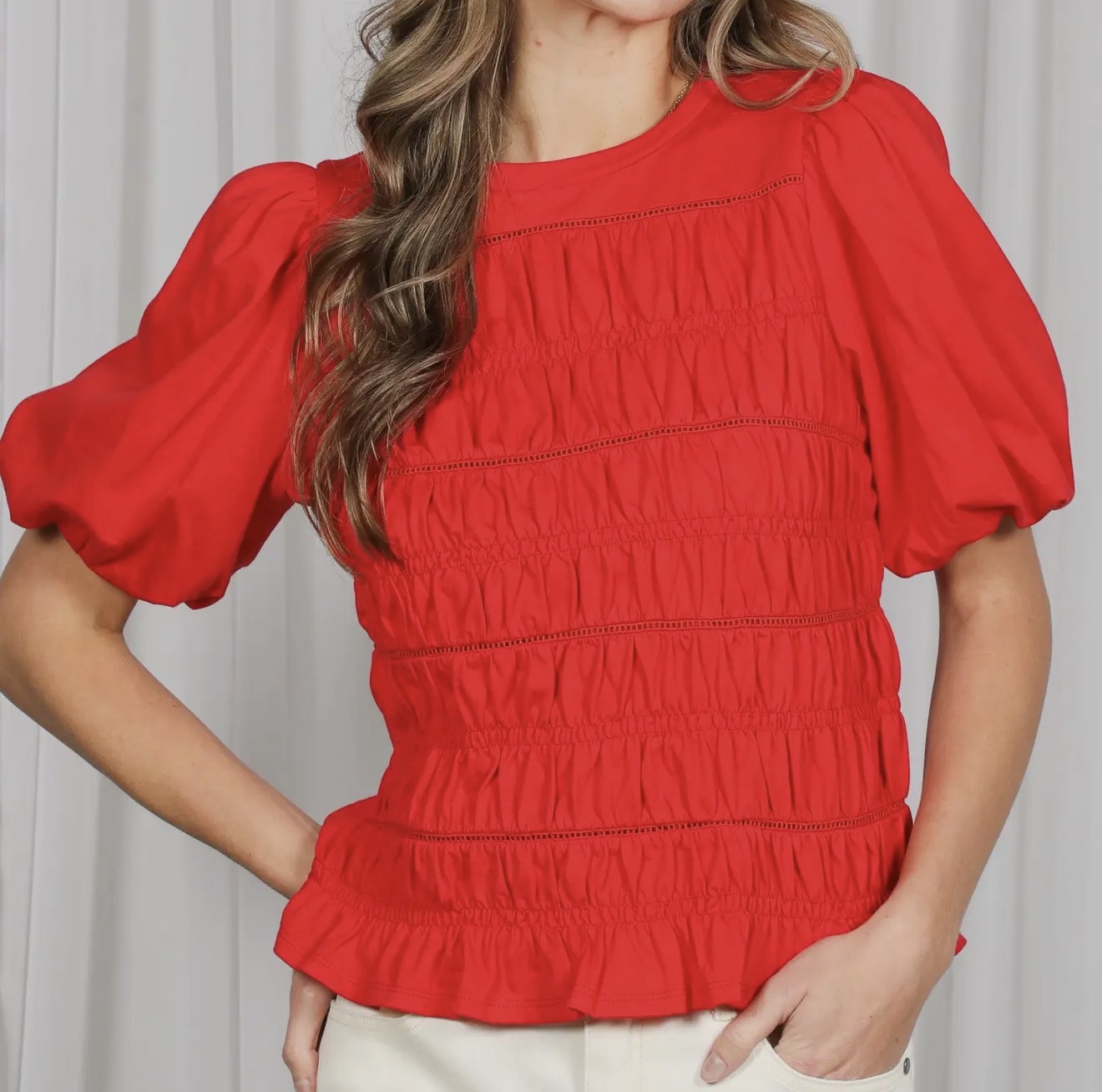 z Smocked, Puffed Sleeve Red Top