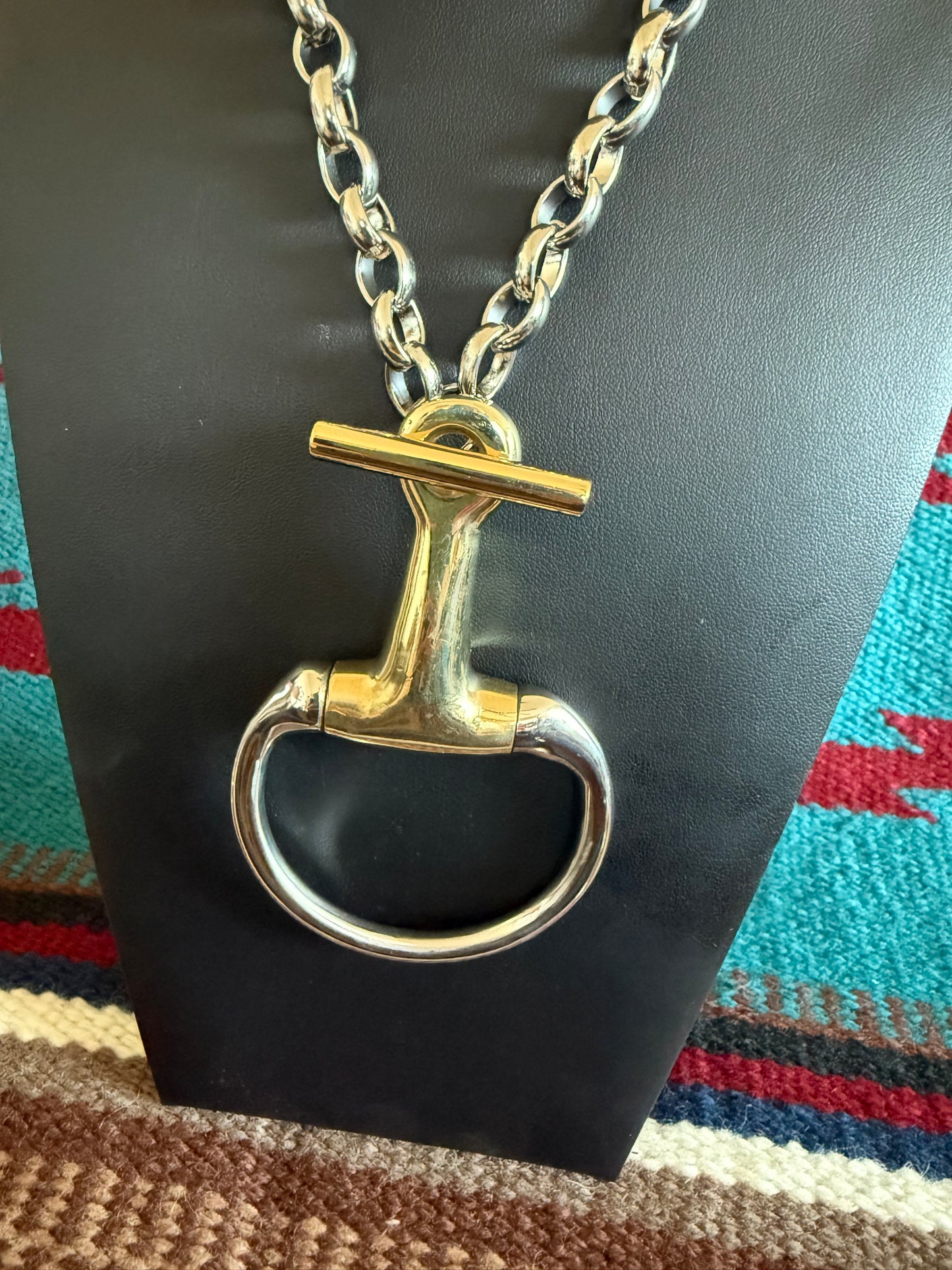 v2 Large Single Snaffle Silver and Gold Link Chain Necklace 16" Long