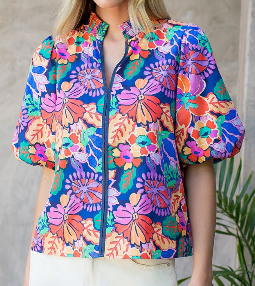 z Smocked Neck Puff Sleeve Floral Top