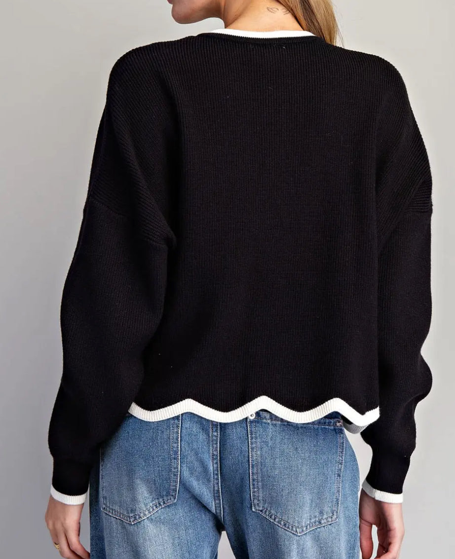 z Contrast Scallop Trim Long Sleeve Sweater