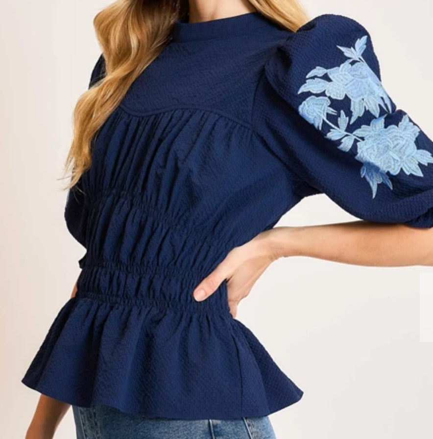 z Peplum Blouse with Embroidered Puff Sleeves