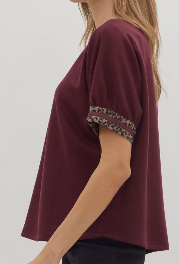 z A Touch of Leopard Top Burgundy