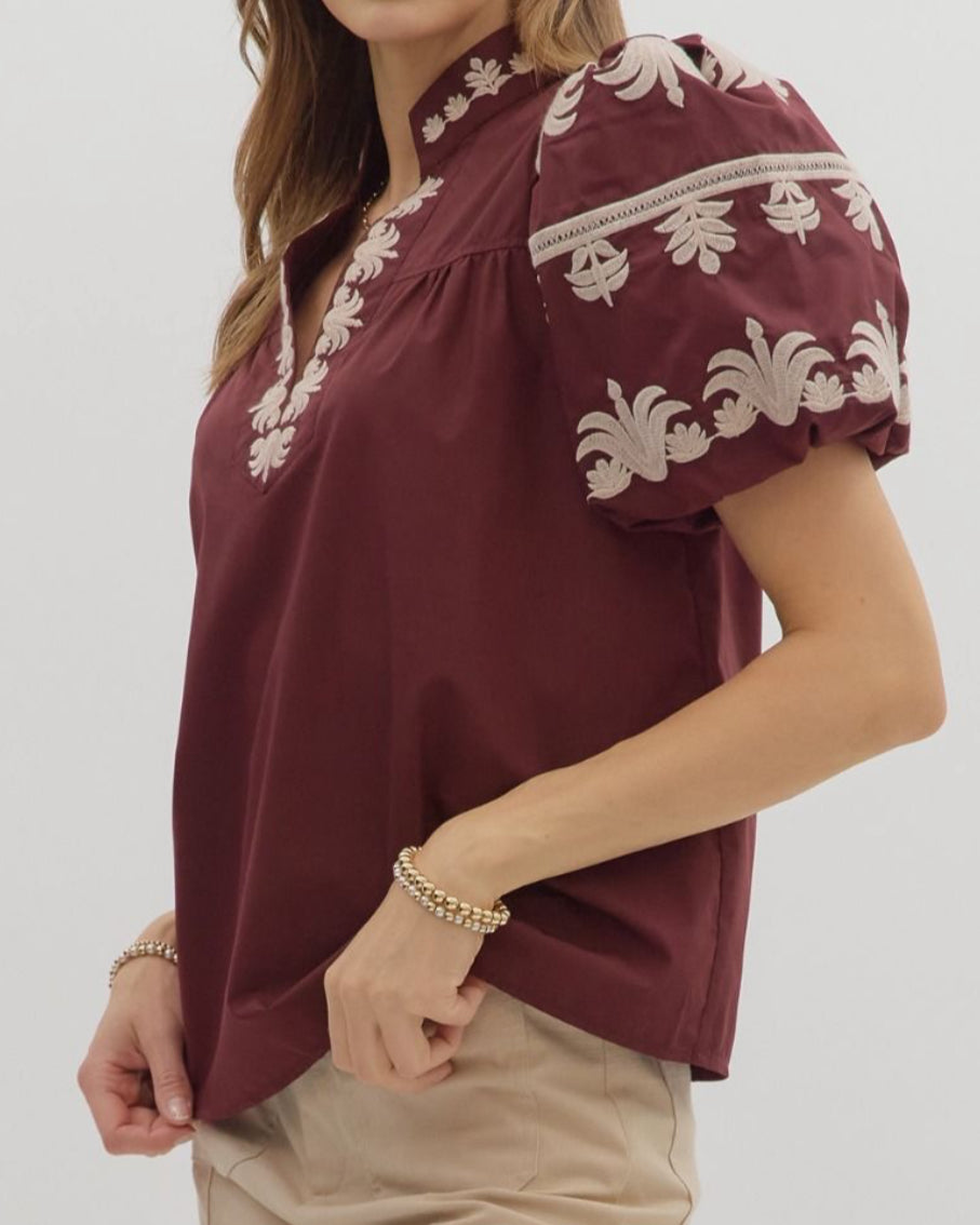 z V-Neck Embroidered Bubble Sleeve Top