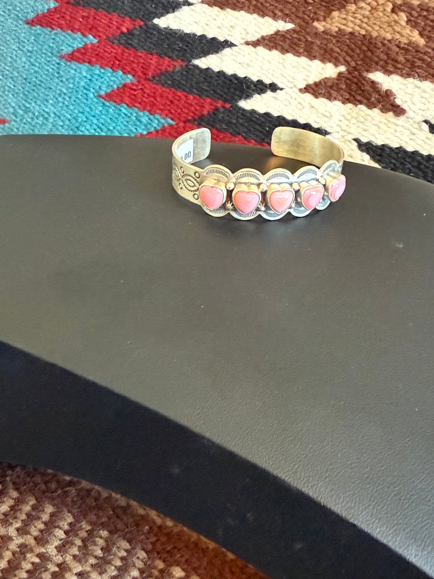Sterling Silver Pink Conch Heart Stone Cuff
