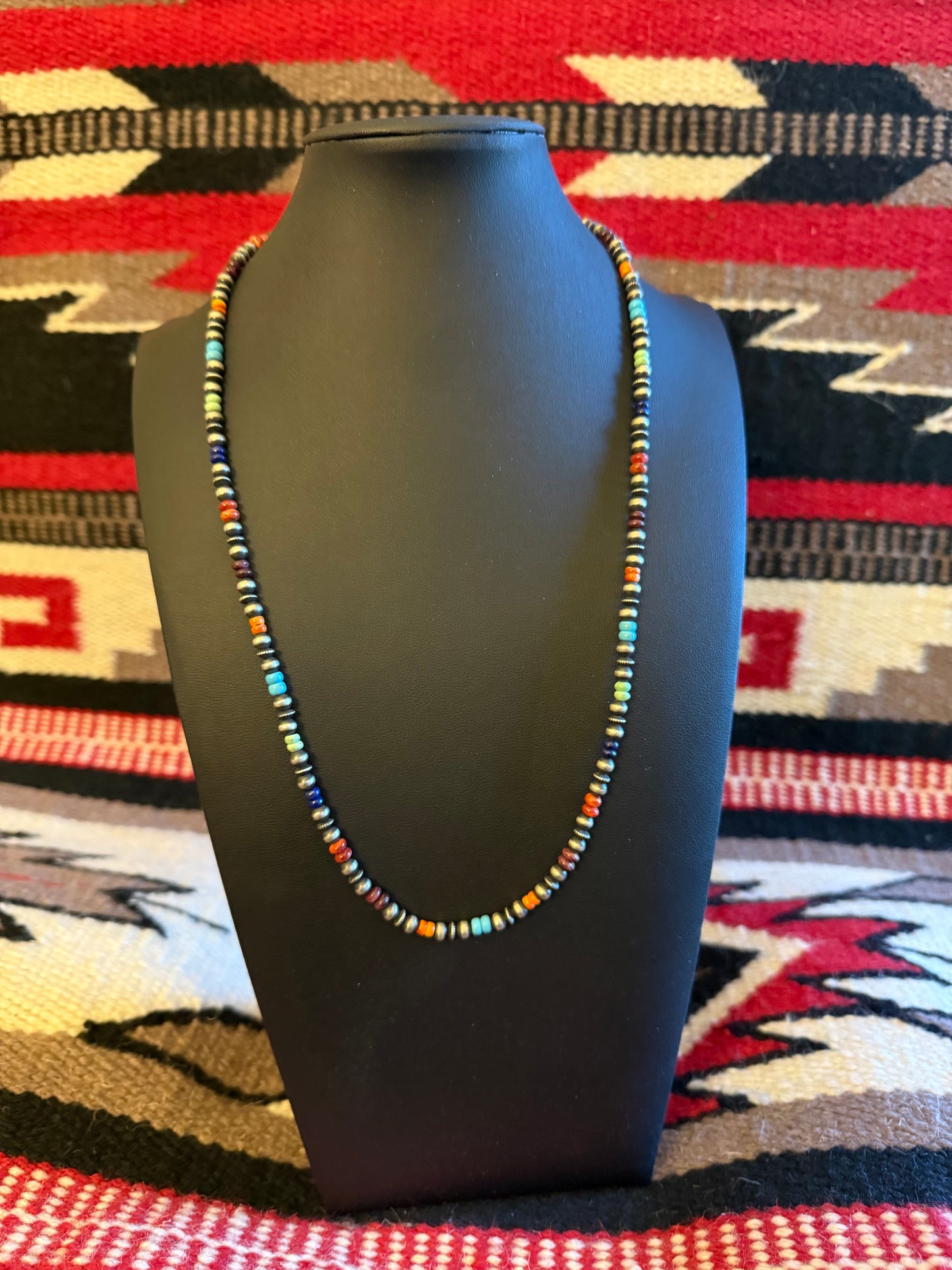 5mm Sterling Silver Navajo Pearl Mixed Bead Necklace with multicolor Stone accents 24" Long
