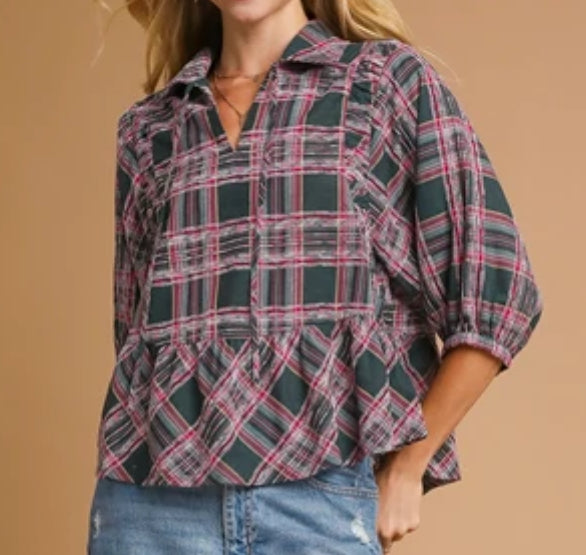 z Plaid Peplum Top 3/4 Sleeves