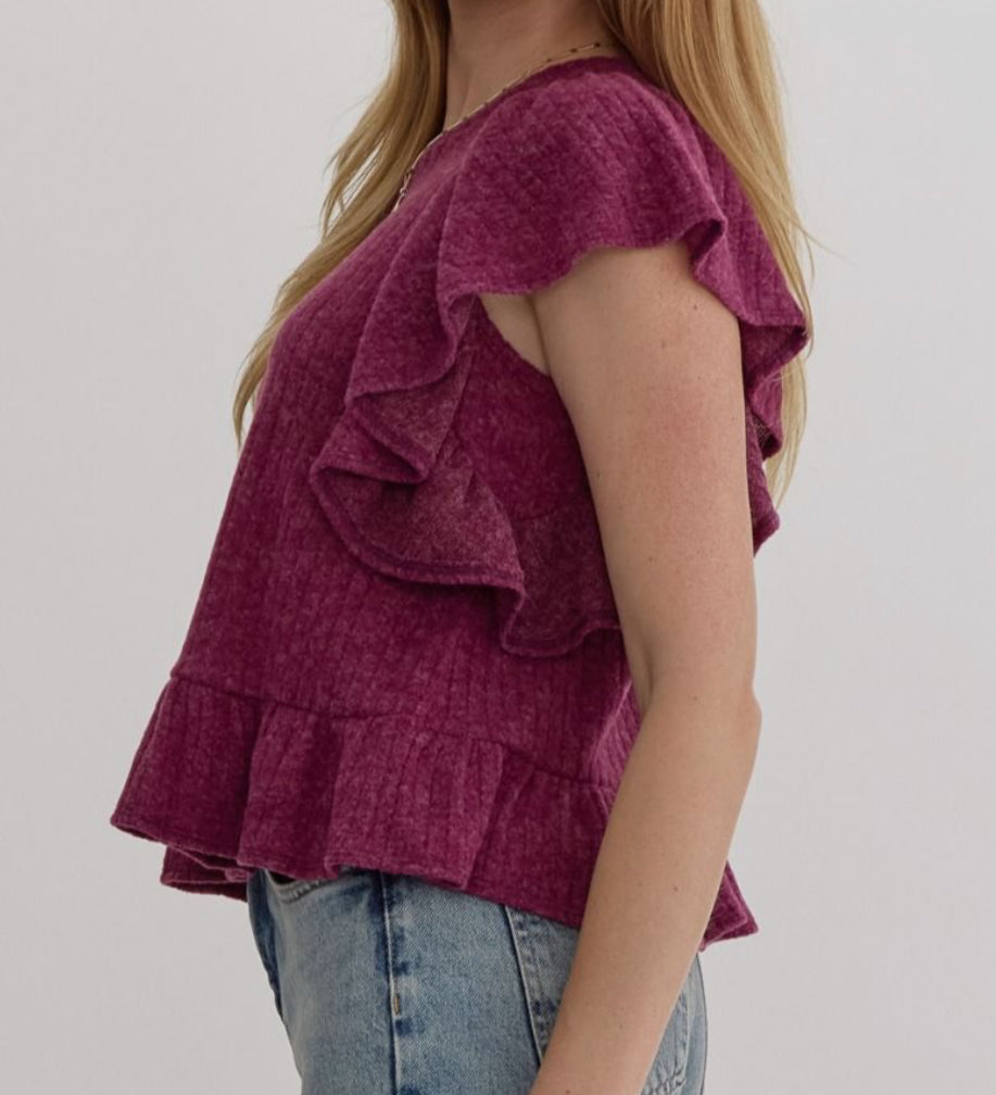z Ribbed Knit Ruffle Top Plum