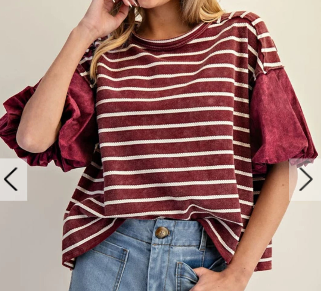 z Striped Puff Sleeve Round Neck Top