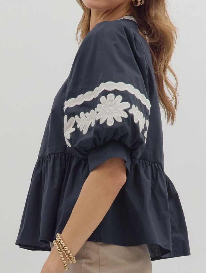 z Bubbled Sleeve Embroidered Top