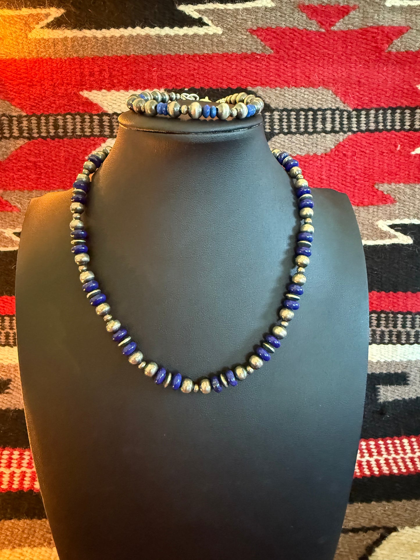 7mm Sterling Silver Mixed Navajo Pearls with Lapis Necklace 16" Long