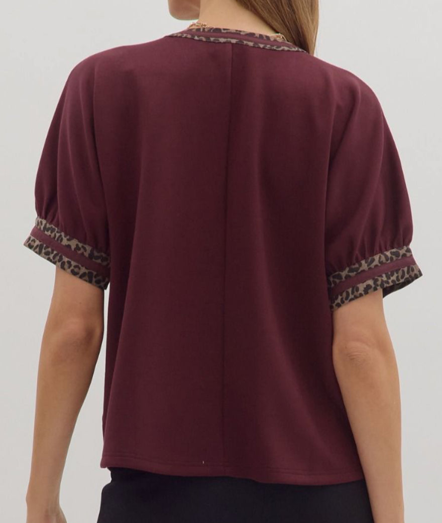 z A Touch of Leopard Top Burgundy